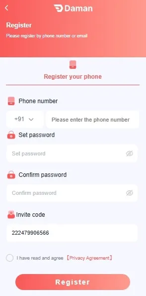 Register for the Daman Game APK